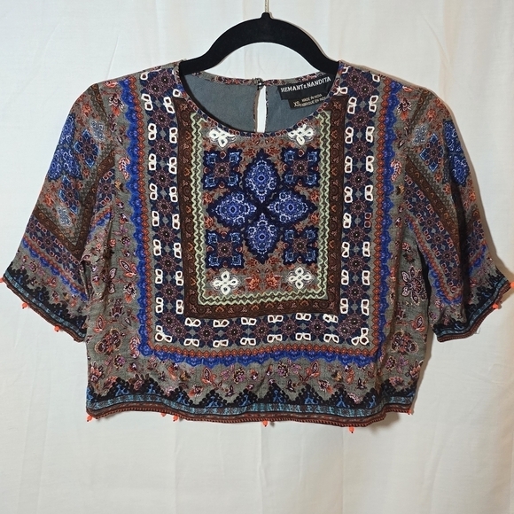HEMANT & NANDITA Tops - Hemant & Nandita Anthropologie 100% Silk Beaded Cropped Short Sleeve Boho